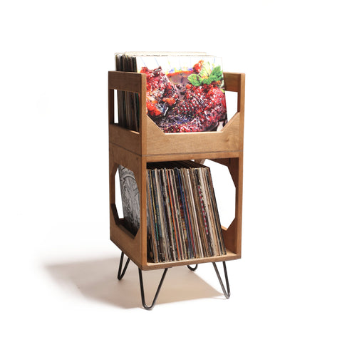 Handcrafted Deluxe Jr. Vinyl Record Storage – compact solid wood vinyl furniture by WickerWoodWorks for collectors and record displays in golden oak