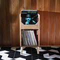 The Deluxe jr Vinyl Record Storage Furniture in golden oak finish displaying jazz records in a mid century modern home  - WickerWoodWorks