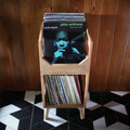 WickerWoodWorks Deluxe Jr. Vinyl Record Storage  solid wood in a mid century modern tiled room