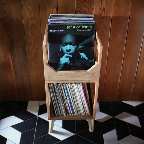 WickerWoodWorks Deluxe Jr. Vinyl Record Storage  solid wood in a mid century modern tiled room