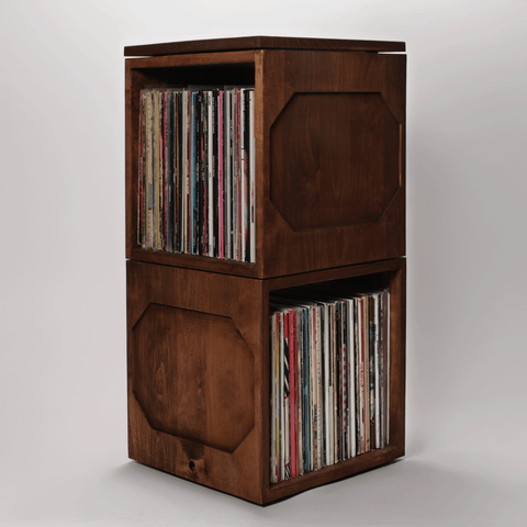 Stackable solid wood vinyl record storage cubes holding 12 inch LPs