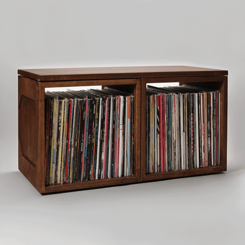 Modular vinyl record storage cubes in solid maple with solid oak tops by WickerWoodWorks